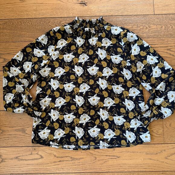 Hayden LA Floral Blouse SZ L High Neck Black White Mustard Work Wear Modest - Picture 1 of 7
